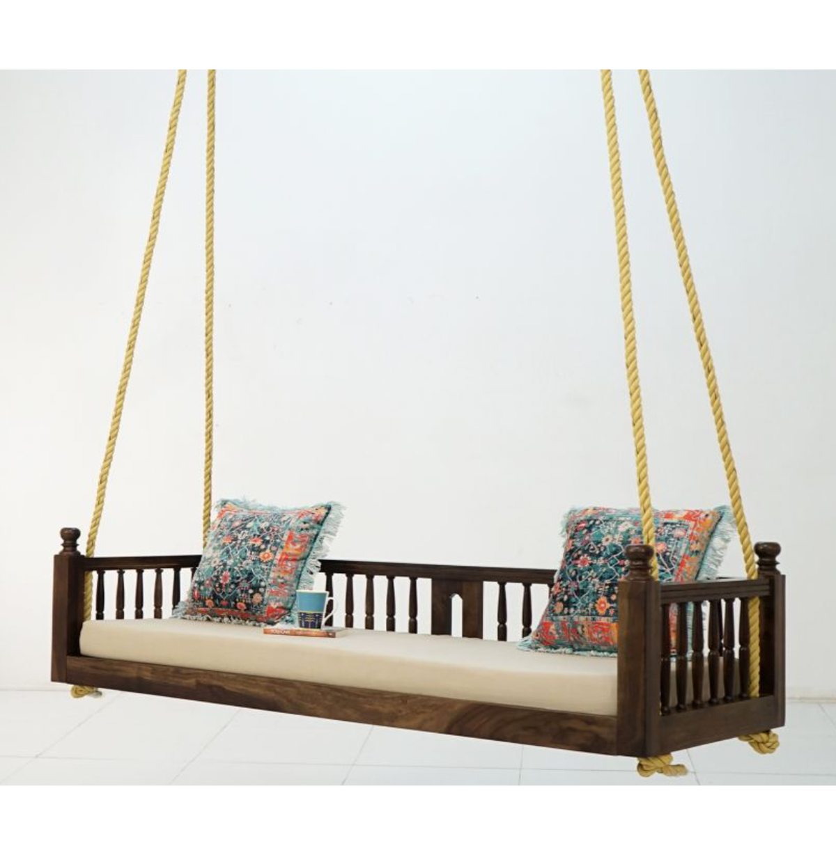 Wooden Hanging Swing Bed with Mattress & Rope – Walnut Brown