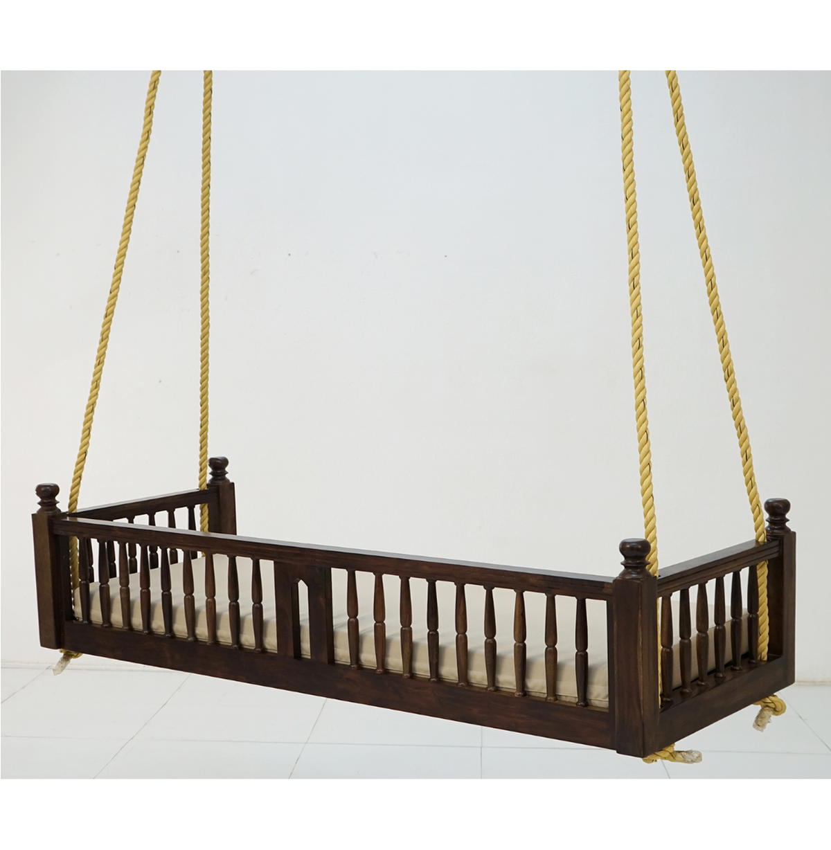 Wooden Hanging Swing Bed with Mattress & Rope – Walnut Brown