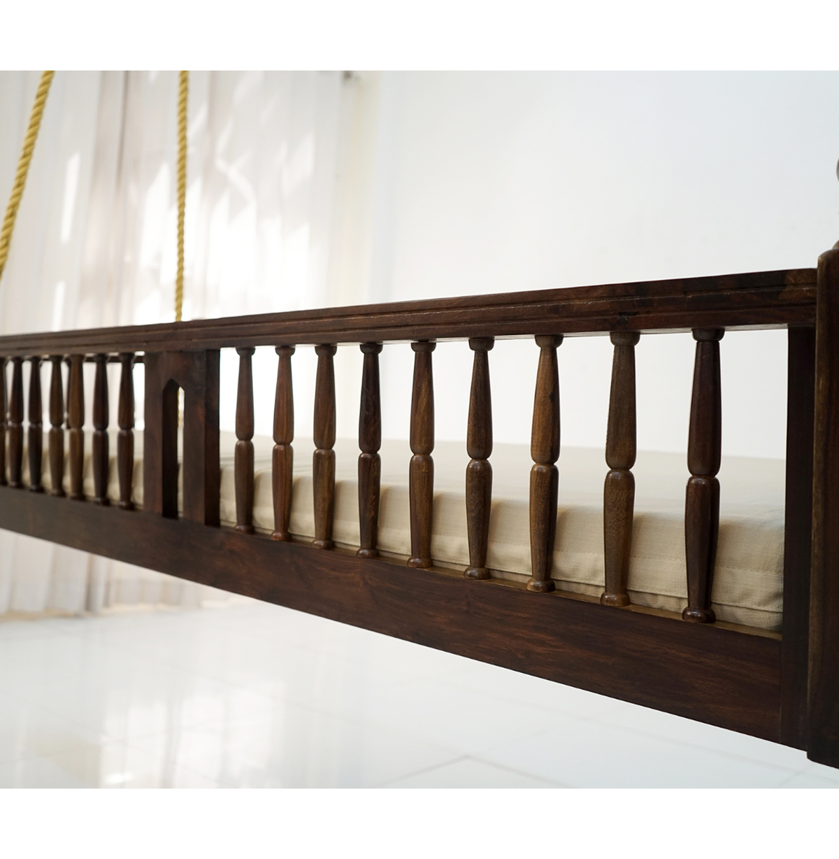 Wooden Hanging Swing Bed with Mattress & Rope – Walnut Brown