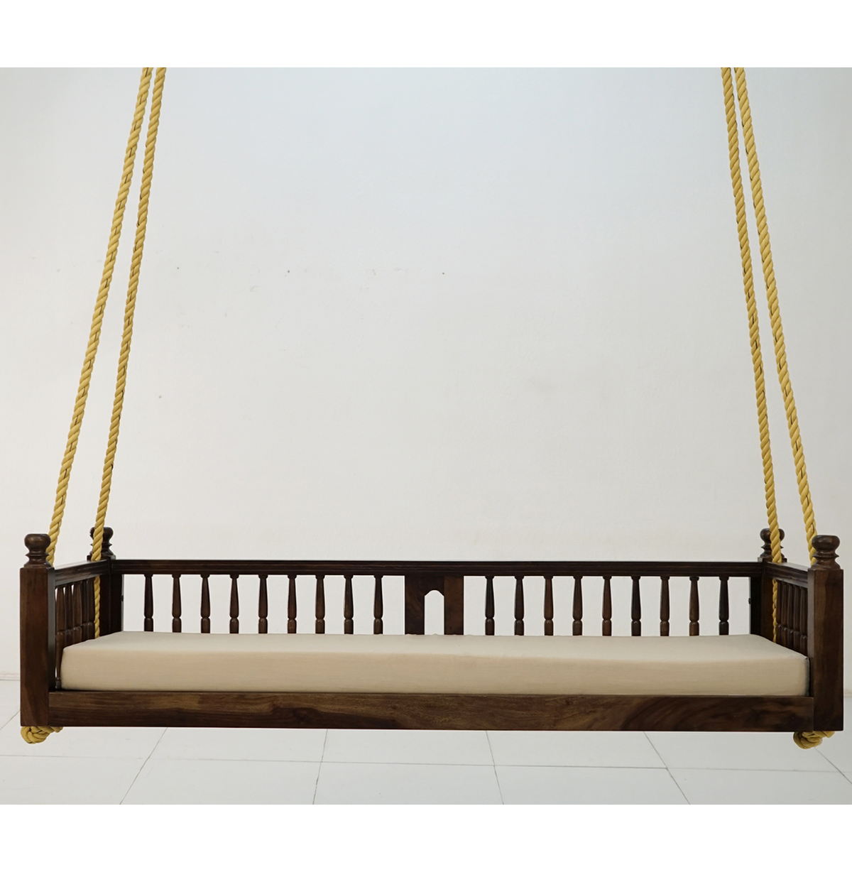 Wooden Hanging Swing Bed with Mattress & Rope – Walnut Brown