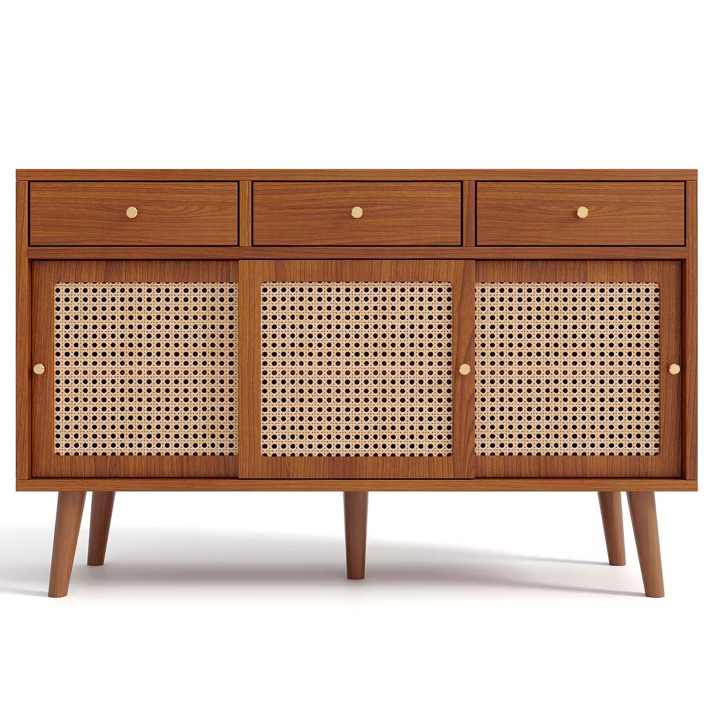 Wooden Sideboard with Rattan Sliding Doors & Drawers