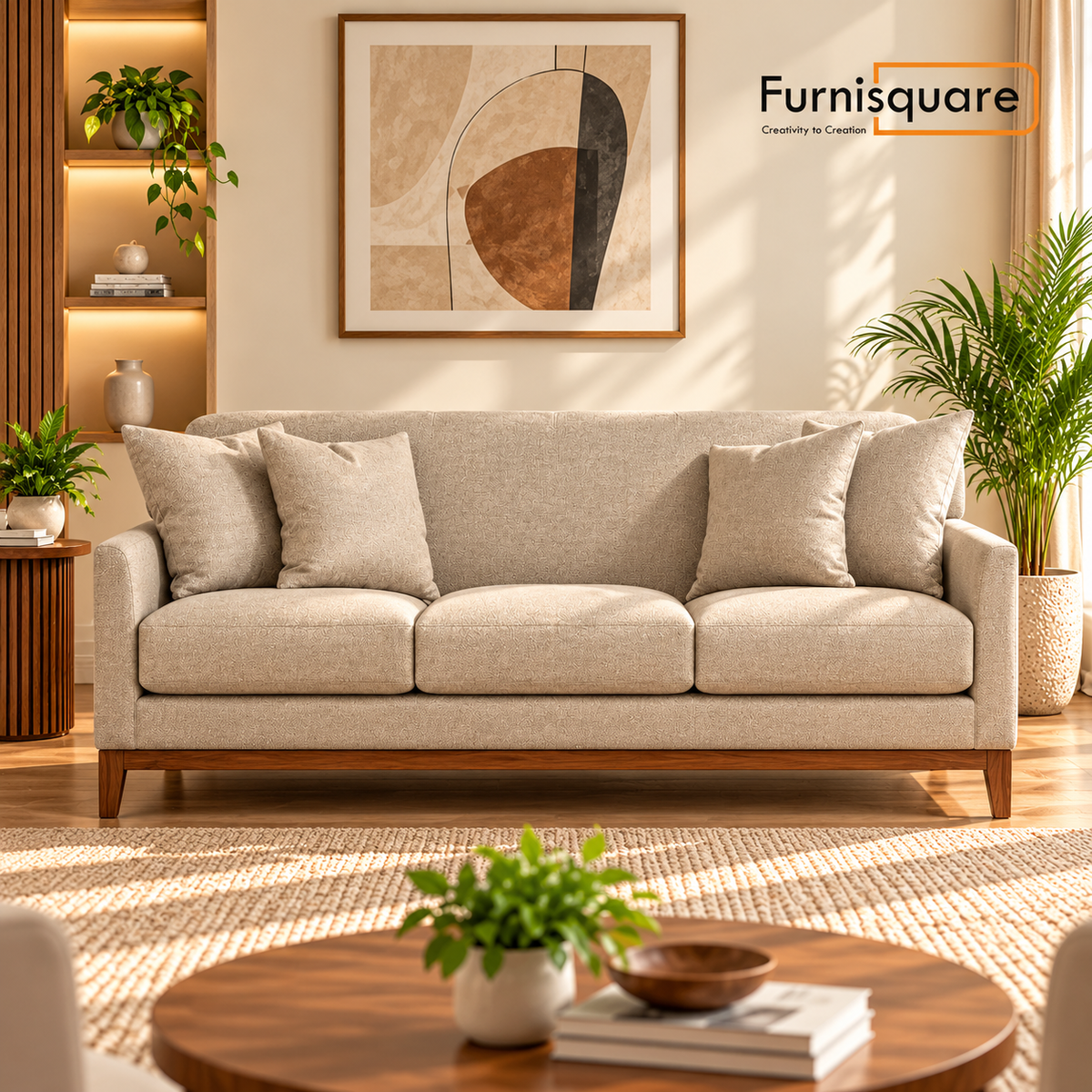 Wooden 3-Seater Sofa Set for Living Room