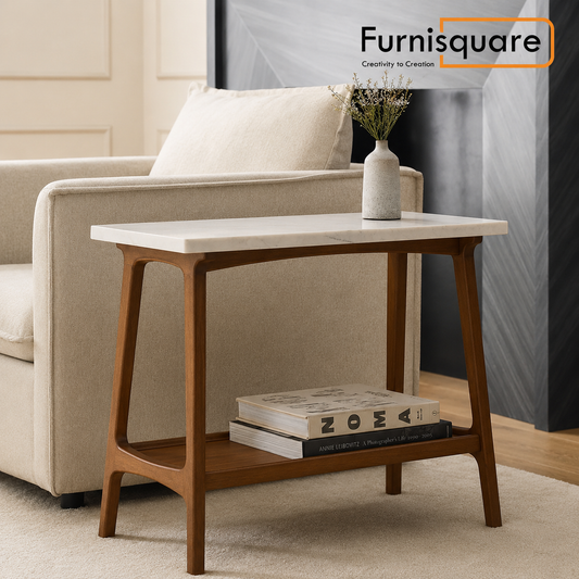 Wooden Marble Top Side Table with Wooden Base