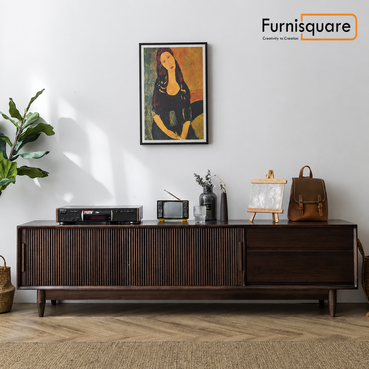 Solid Wood TV Cabinet with Storage for Living Storage in Dark Walnut Finish