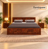 Solid Sheesham Wood Queen Size Bed with Storage | Wooden Double Bed Cot Bed with Box Storage for Bedroom | Diamond Design Bed with Storage