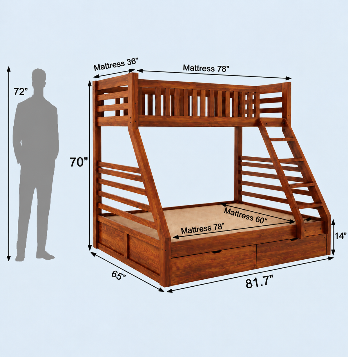 Solid Sheesham Wooden Bunk Bed with Storage Drawers