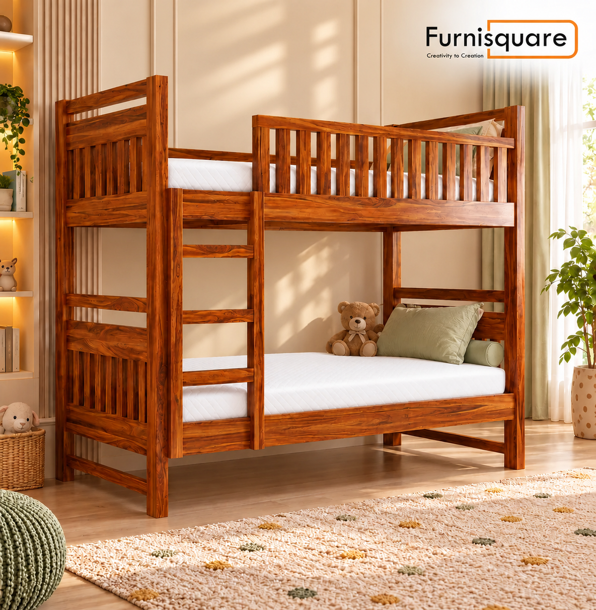 Solid Sheesham Wooden Bunk Bed with Ladder