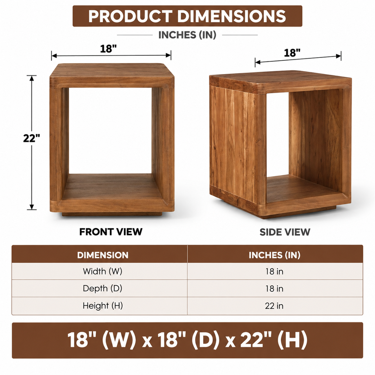 Wooden Cube Side Table with Open Storage | Solid Wood End Table