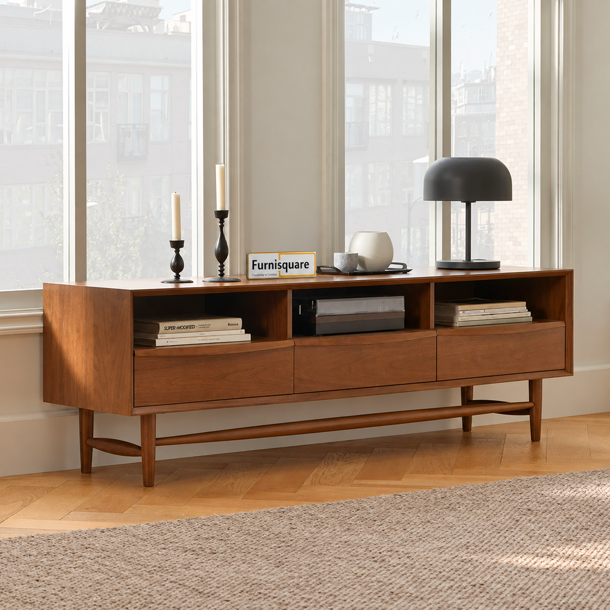 Solid Wood TV Cabinet with Drawer for Media Unit