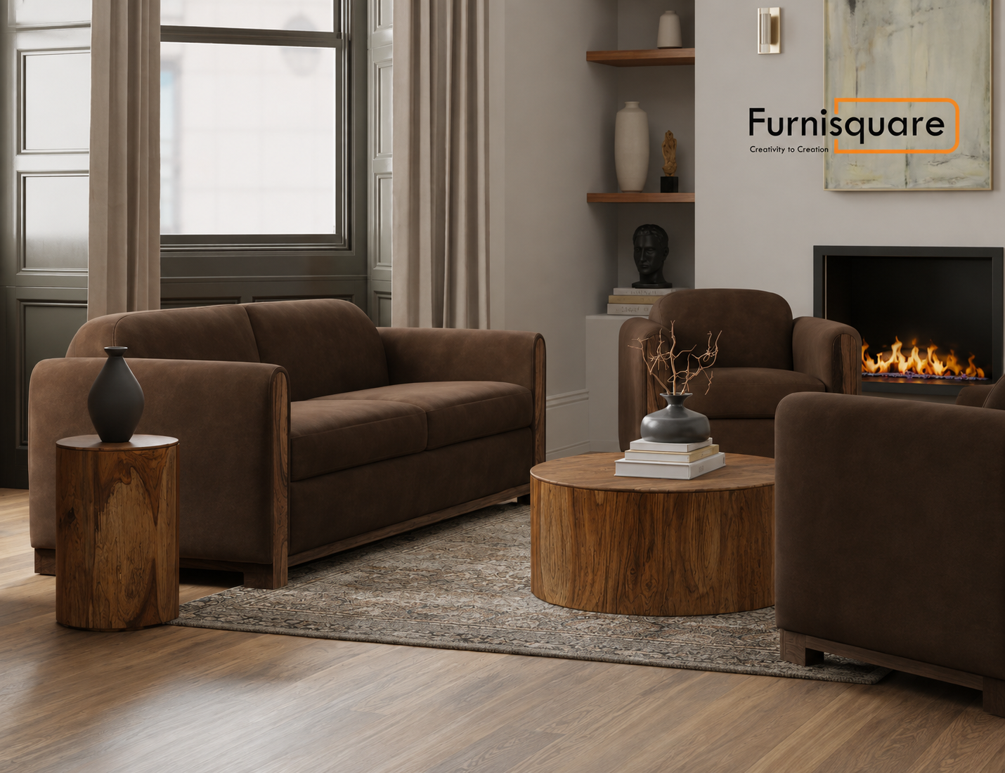 Wooden Upholstery Sofa Set 3-Seater for Living Room