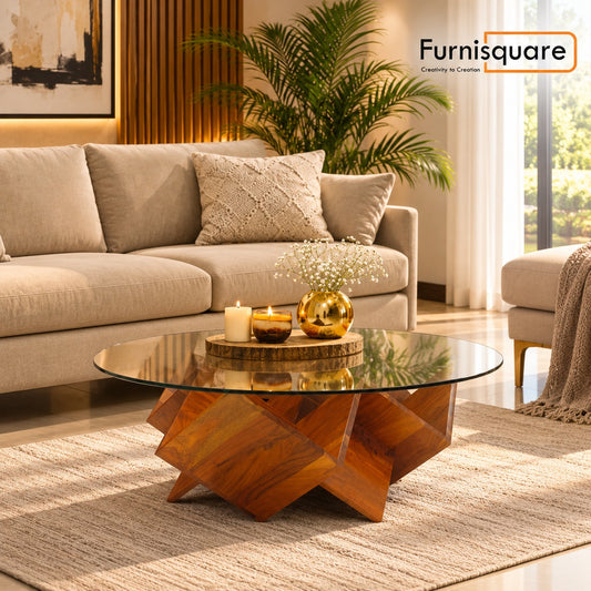 Solid Wood Round Glass Coffee Table with Geometric Wood Base