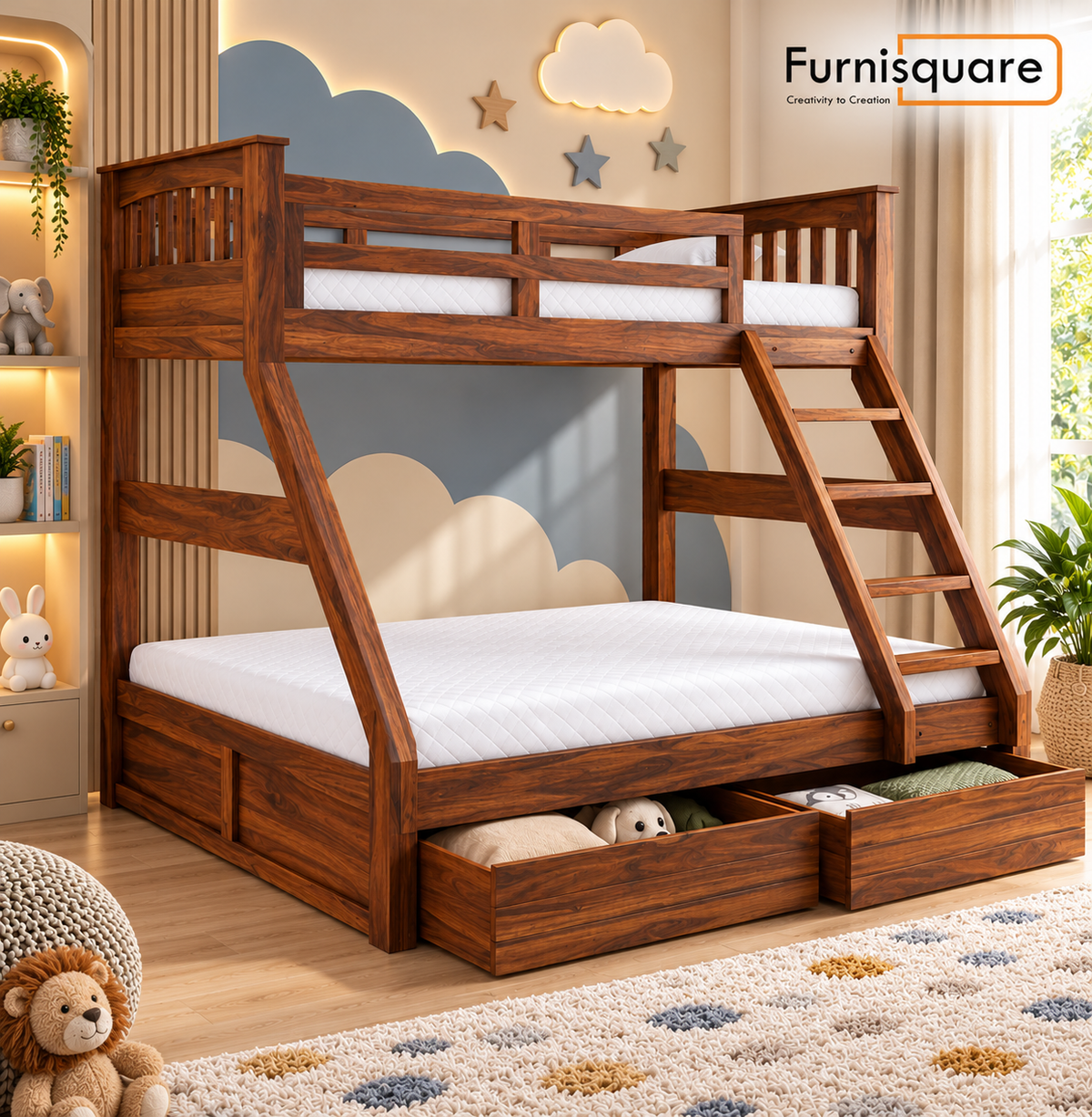 Wooden Loft Bunk Bed with Double Bed & Storage Drawers