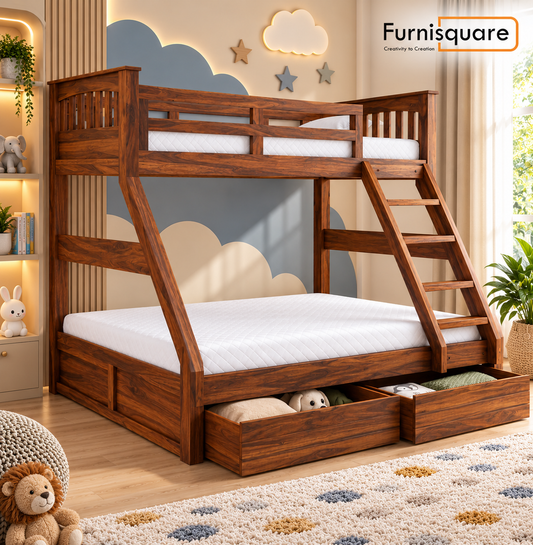 Wooden Loft Bunk Bed with Double Bed & Storage Drawers