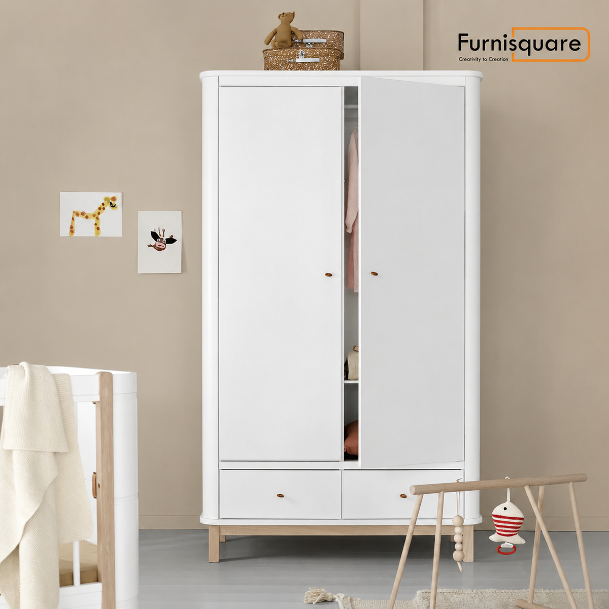 Solid Wood Wardrobe with Drawers for Bedroom in White Finish