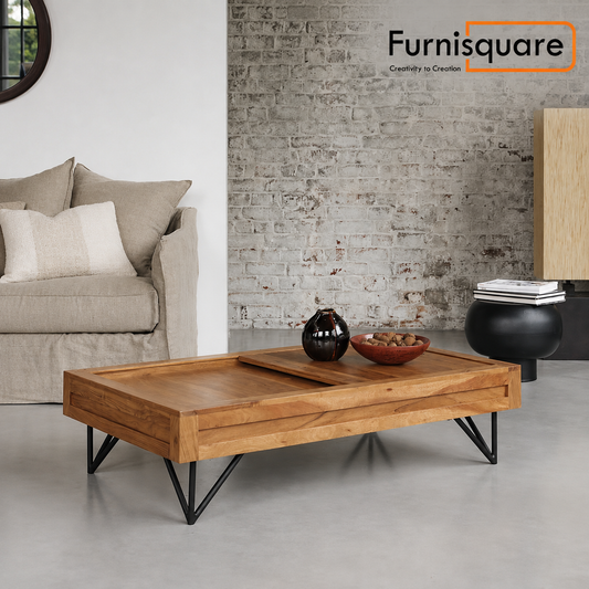 Solid Wood Coffee Table with Slide-Top Storage & Metal Legs