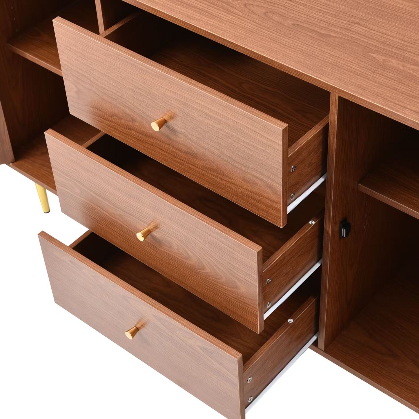 Solid Wood Rattan Sideboard Cabinet for Living Room in Walnut Finish