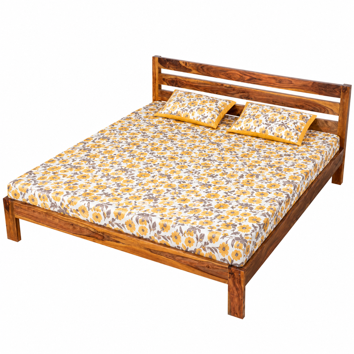 Solid Sheesham Wooden Double Bed with Slatted Headboard