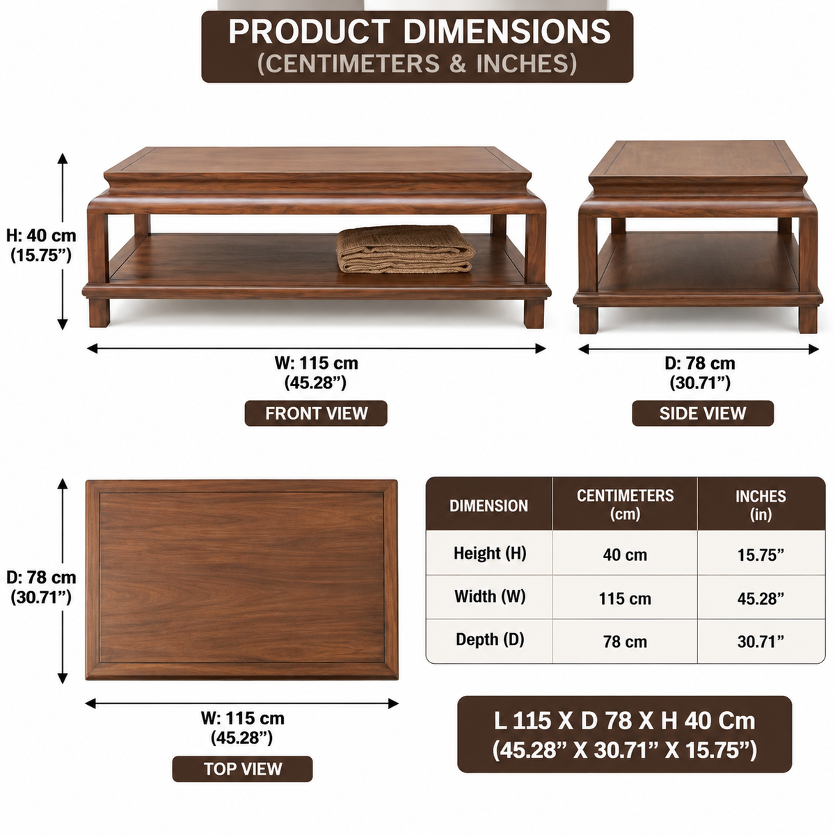 Wooden Coffee Table with Molded Edge & Shelf
