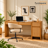 Wooden Study Table with Storage in Rattan Design