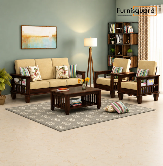 Solid Sheesham Wood 5 Seater Sofa Set with Cushions for Living Room