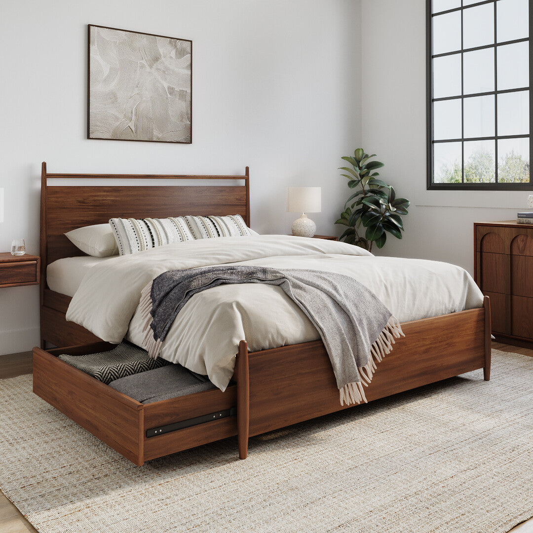 Solid Wood Queen Size Bed with Storage Drawers in Walnut Finish