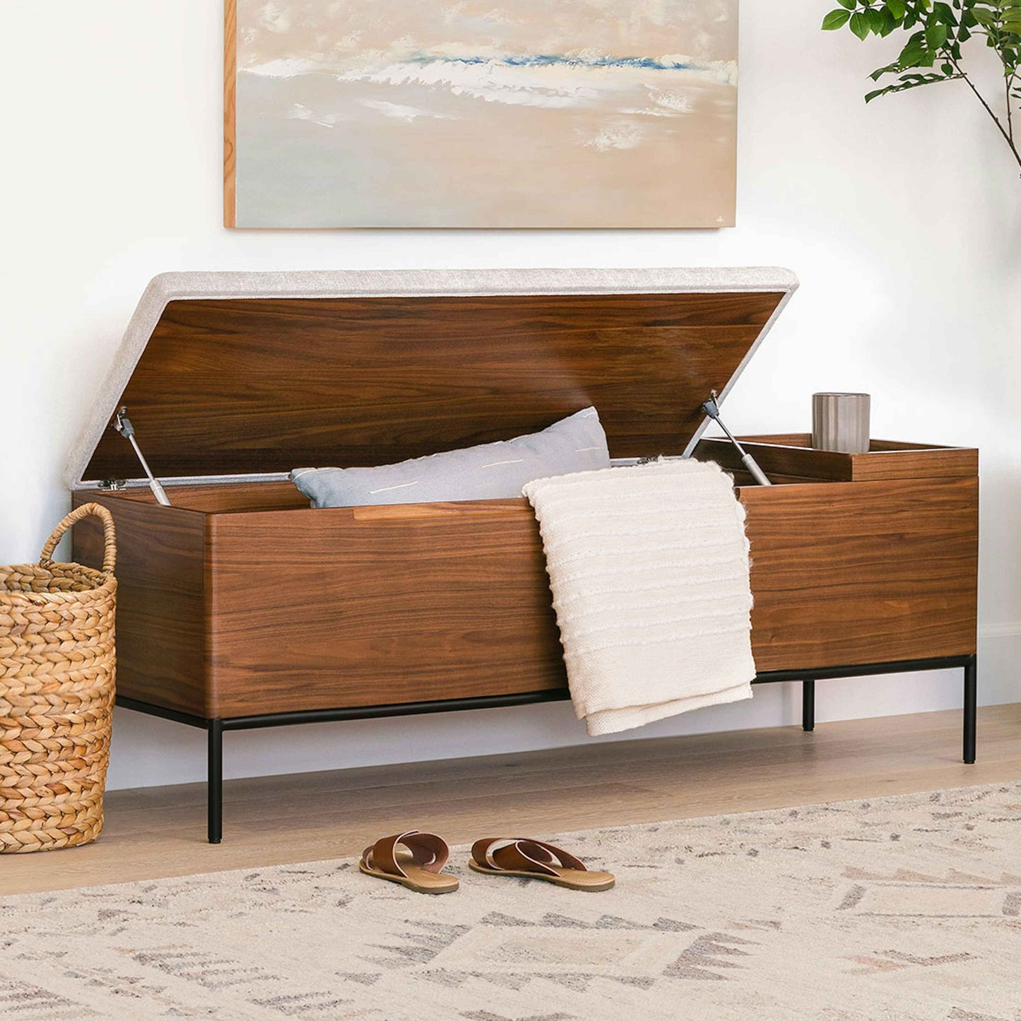 Wooden Storage Bench with Upholstered Seat