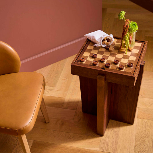 Wooden Chess Board Side Table with Storage
