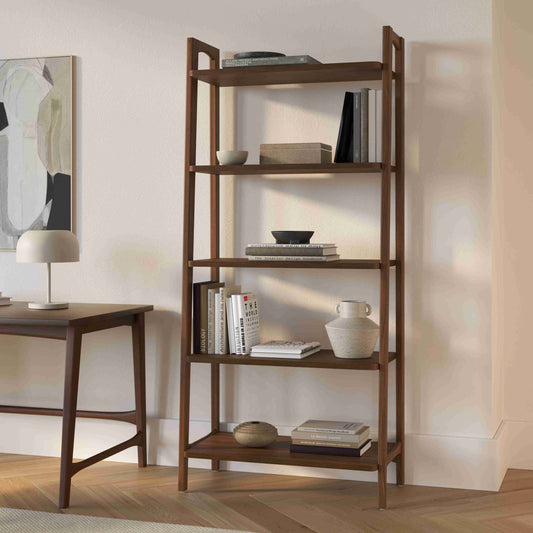 Wooden Bookshelf for Living Storage in Walnut Finish