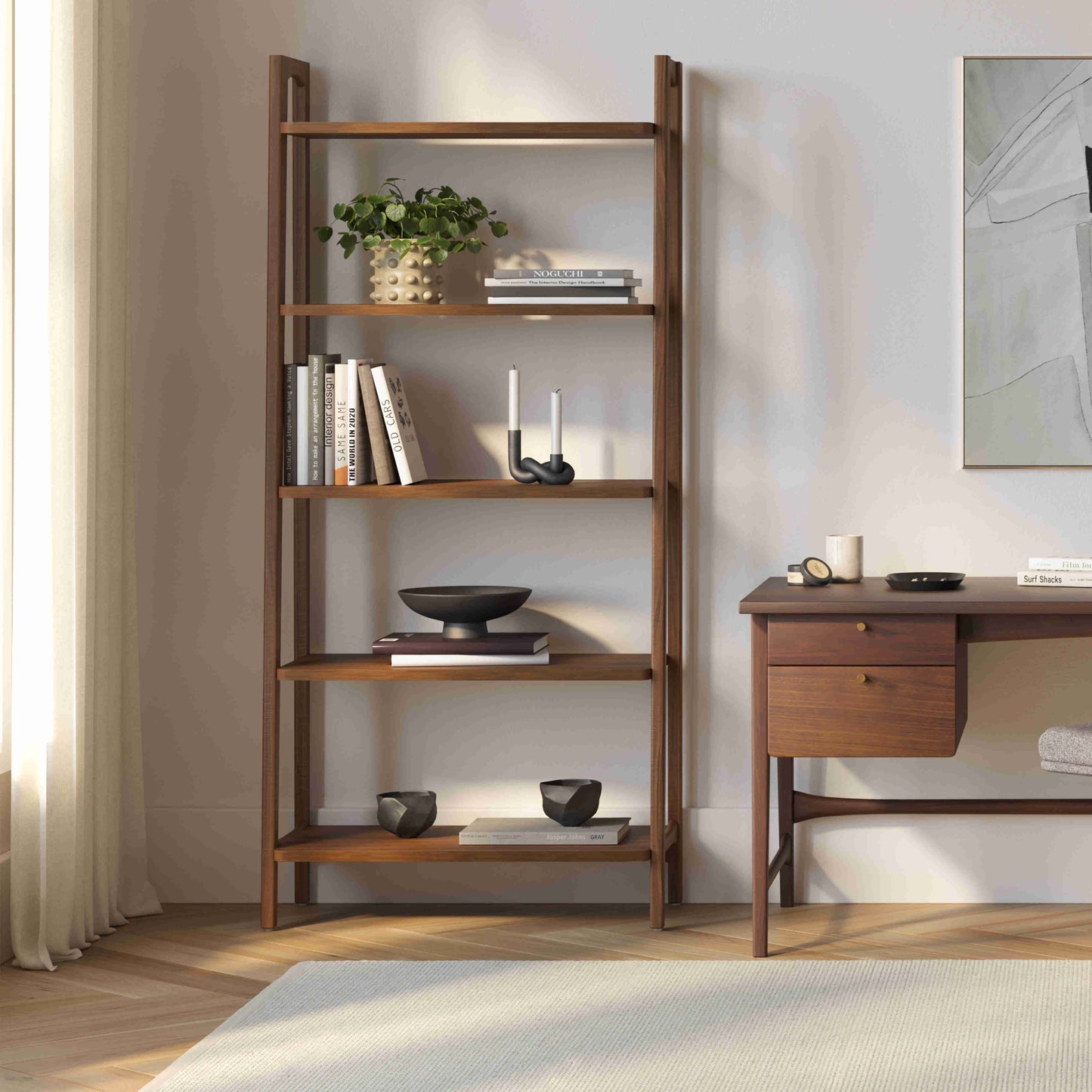 Wooden Bookshelf for Living Storage in Walnut Finish