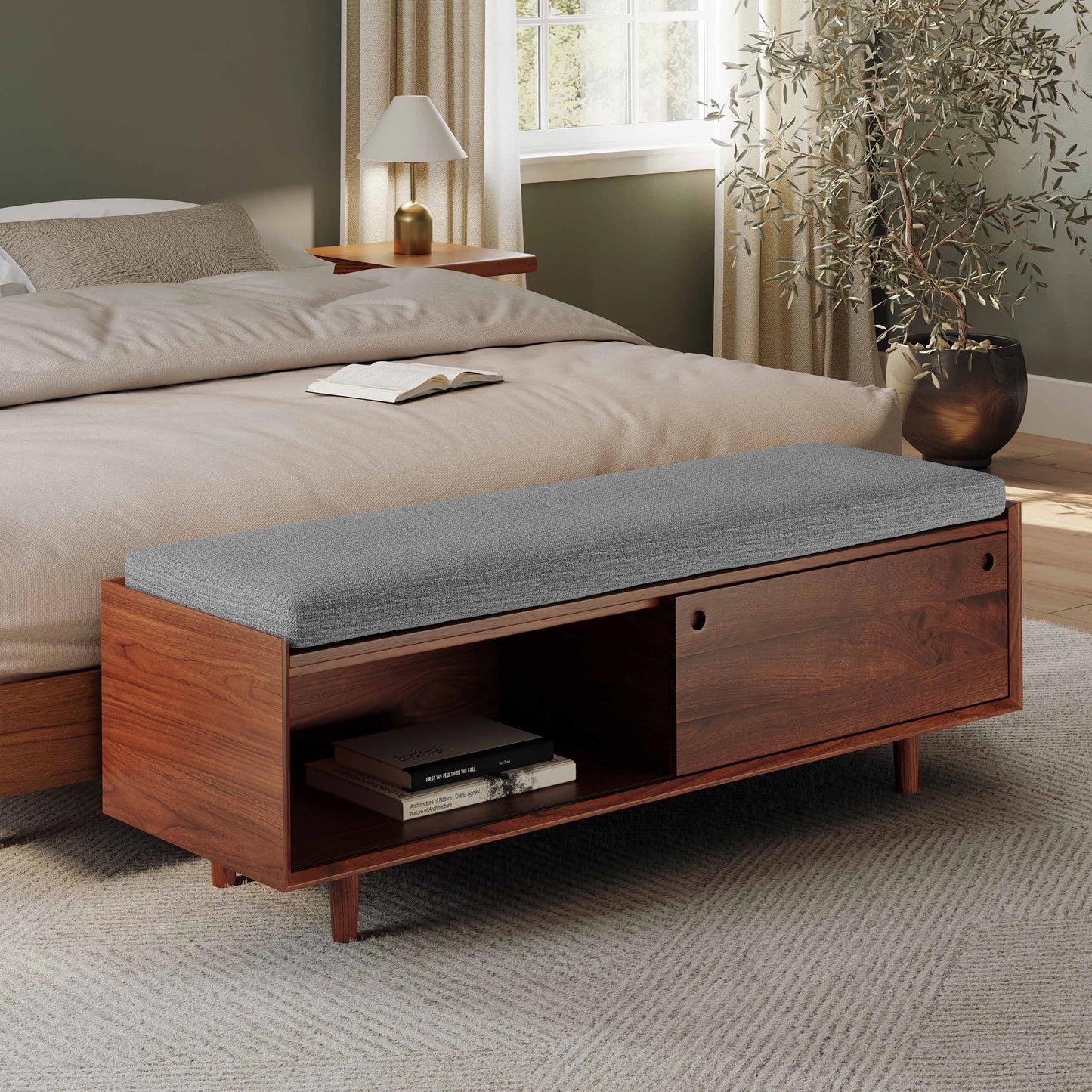 Solid Wood Upholstered Storage Bench with Sliding Doors