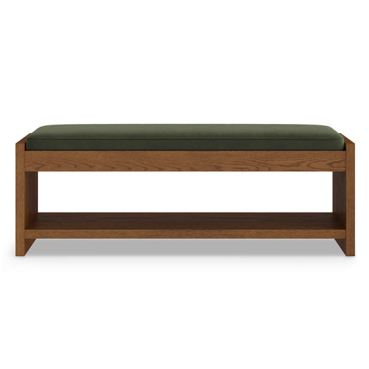 Wooden Bedroom Bench with Upholstered Seat & Storage Shelf