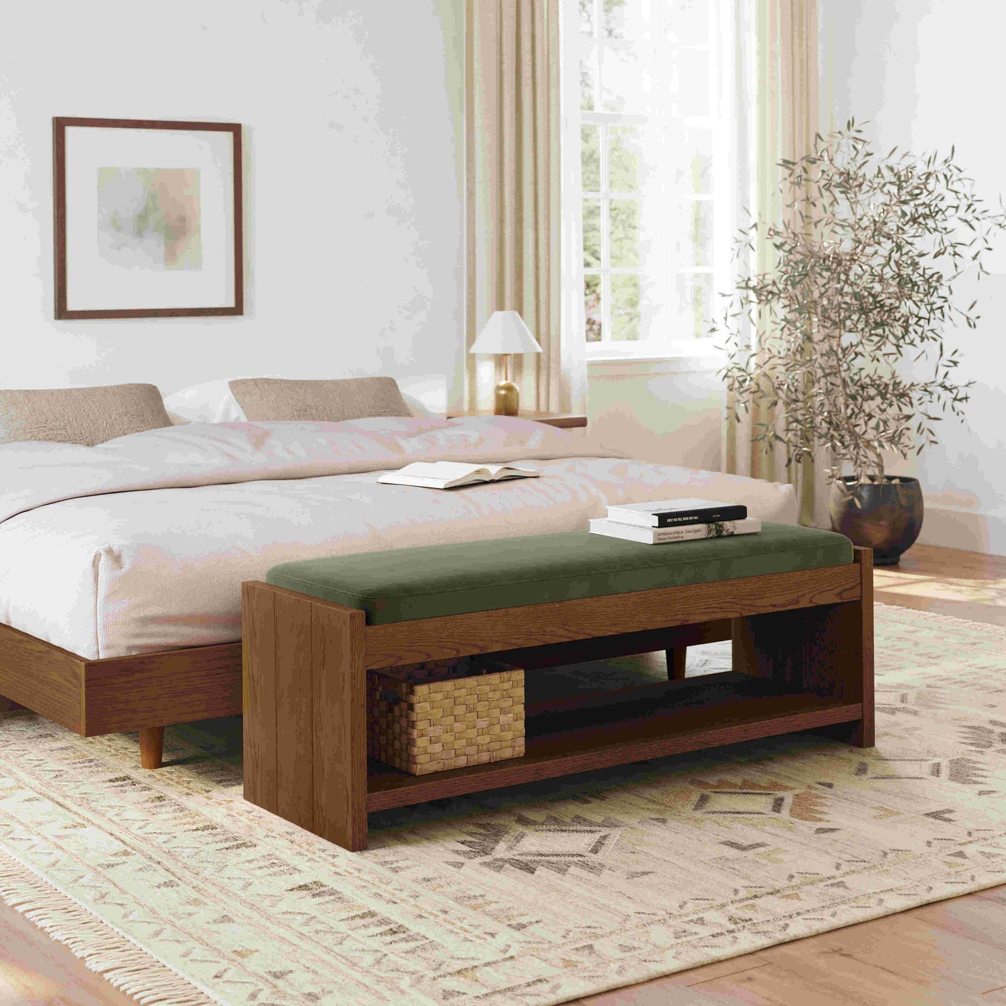 Wooden Bedroom Bench with Upholstered Seat & Storage Shelf