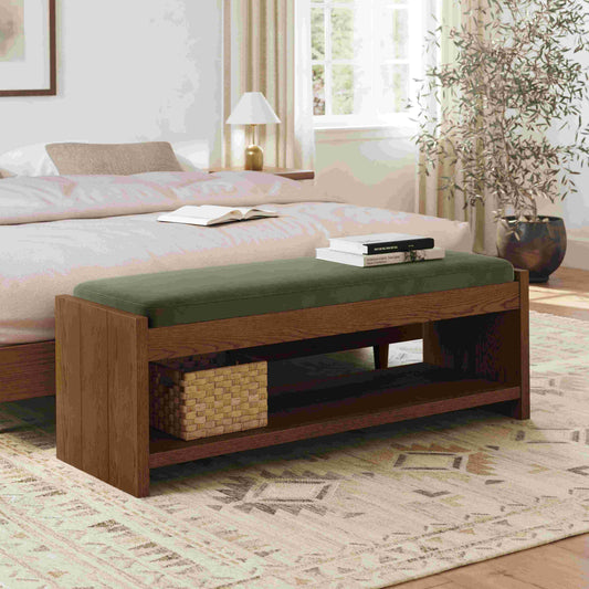 Wooden Bedroom Bench with Upholstered Seat & Storage Shelf