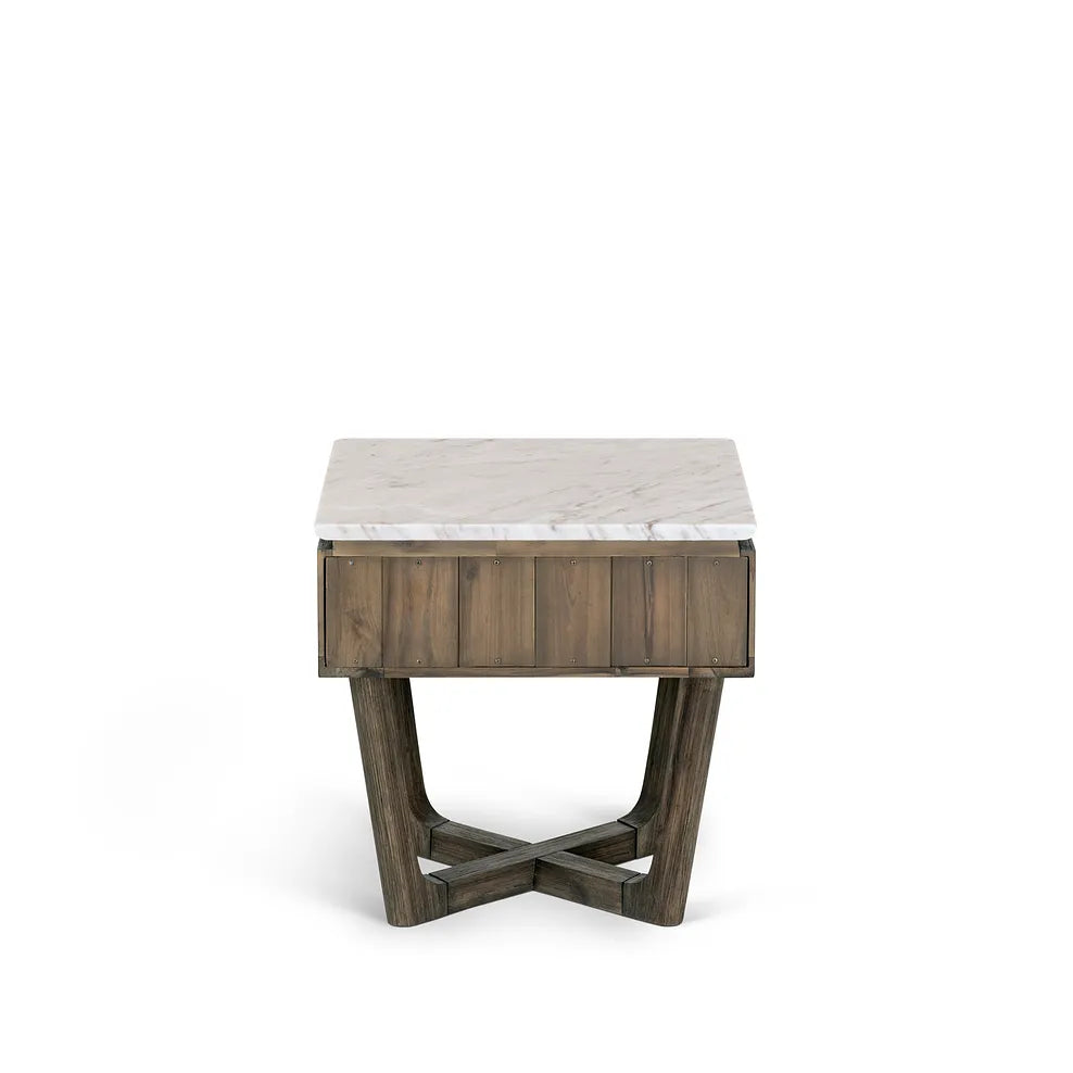 Wooden Bedside Table with Marble Top in Rustic Oak Finish