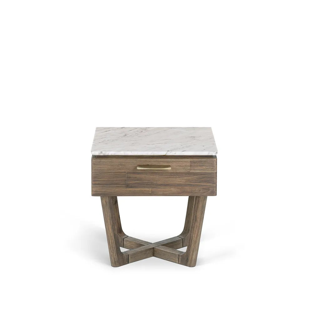 Wooden Bedside Table with Marble Top in Rustic Oak Finish