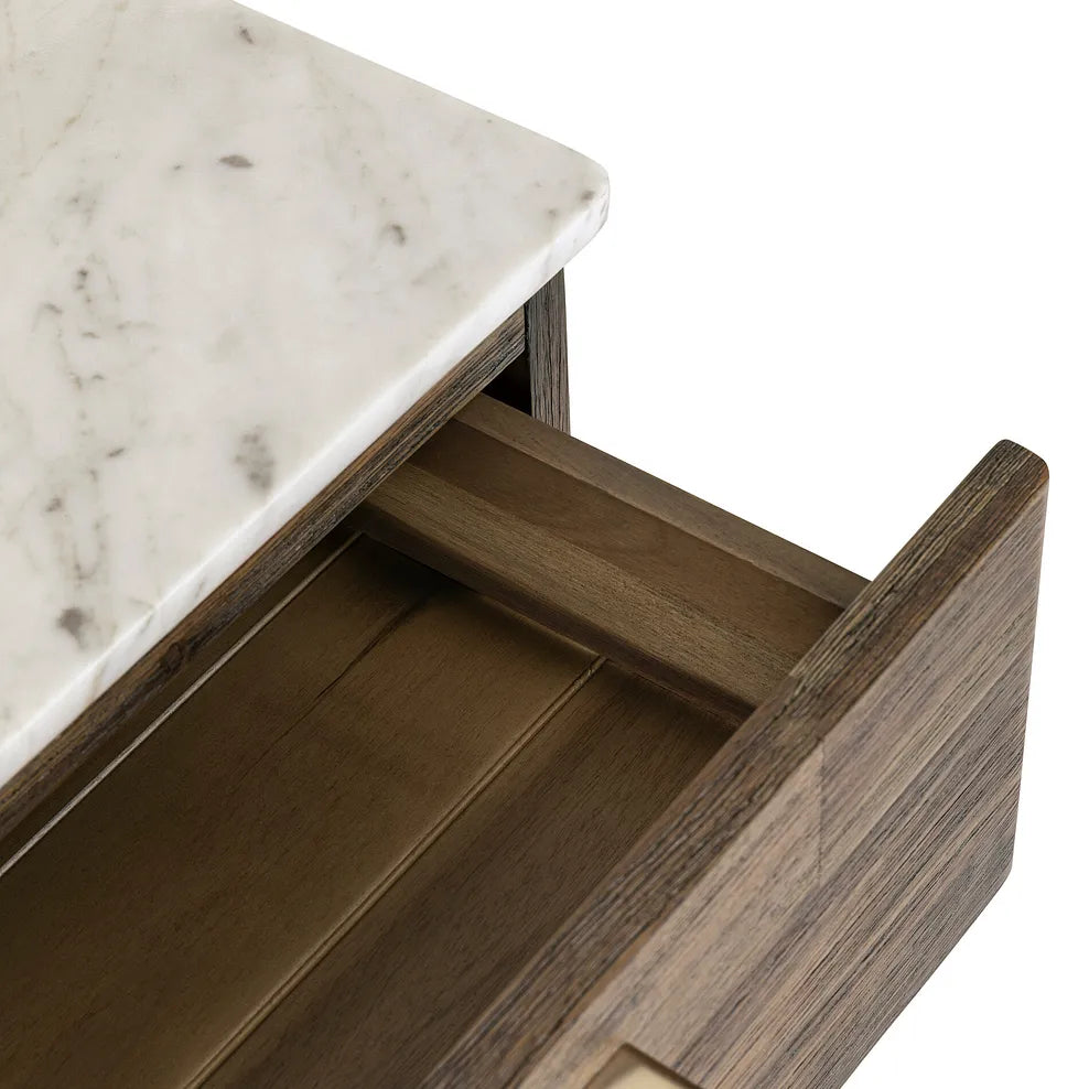 Wooden Bedside Table with Marble Top in Rustic Oak Finish