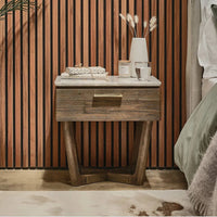 Wooden Bedside Table with Marble Top in Rustic Oak Finish