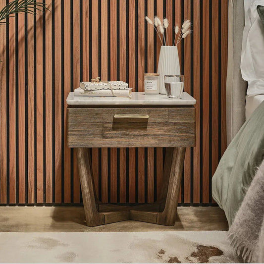 Wooden Bedside Table with Marble Top in Rustic Oak Finish