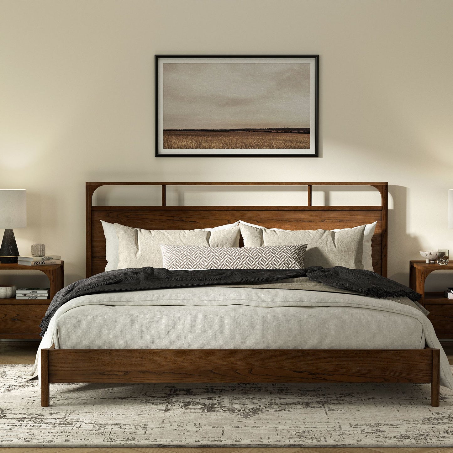 Wooden King Size Bed without Storage in Walnut Finish