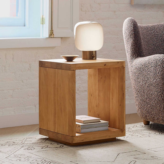 Wooden Cube Side Table with Open Storage | Solid Wood End Table