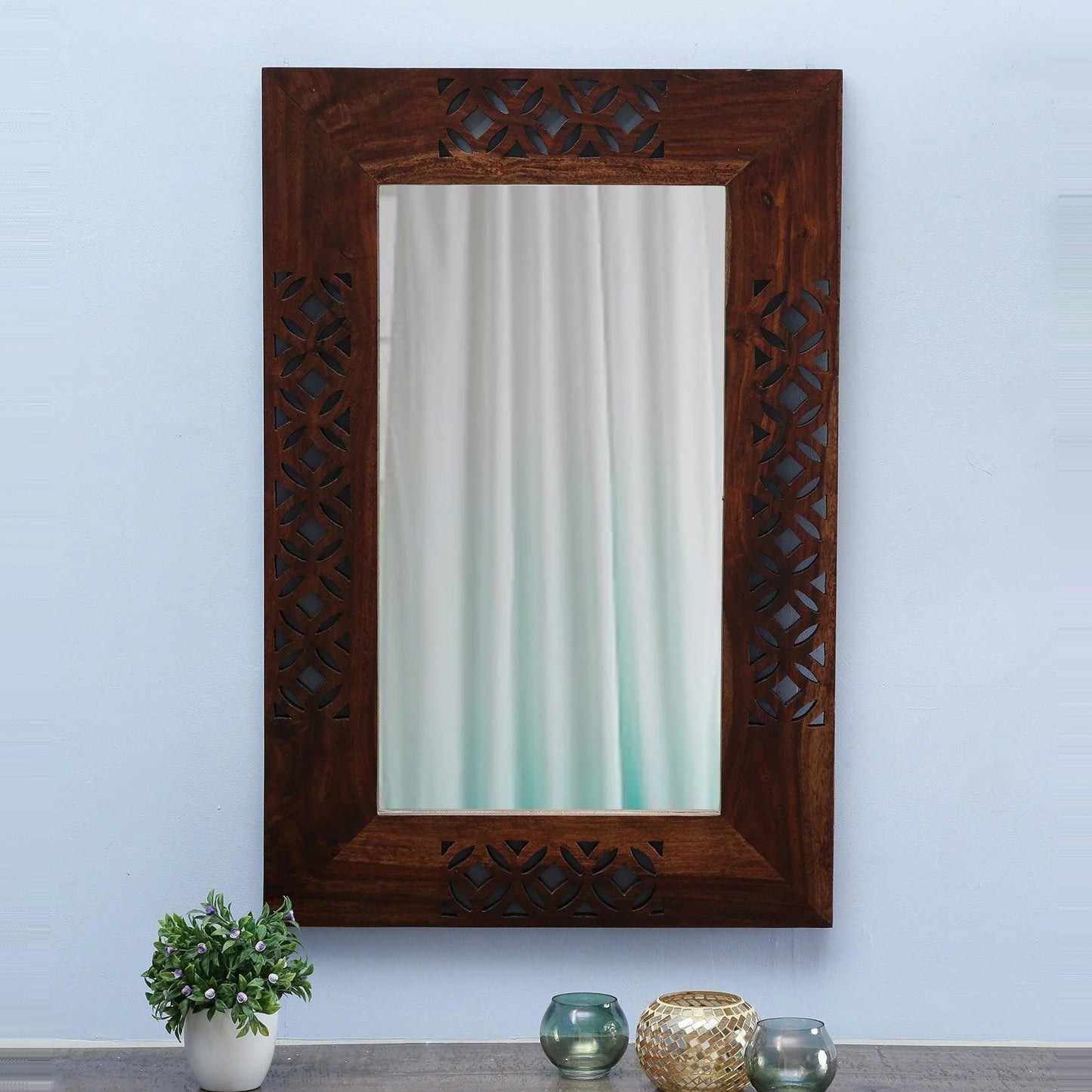 Solid Sheesham Wood Rectangle Wall Mirror for Bedroom