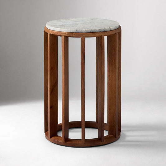 Wooden Round Side Table with Marble Top