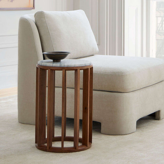 Wooden Round Side Table with Marble Top