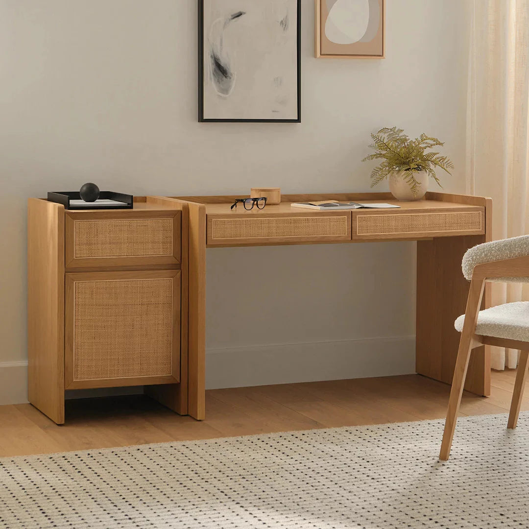 Wooden Study Table with Storage in Rattan Design