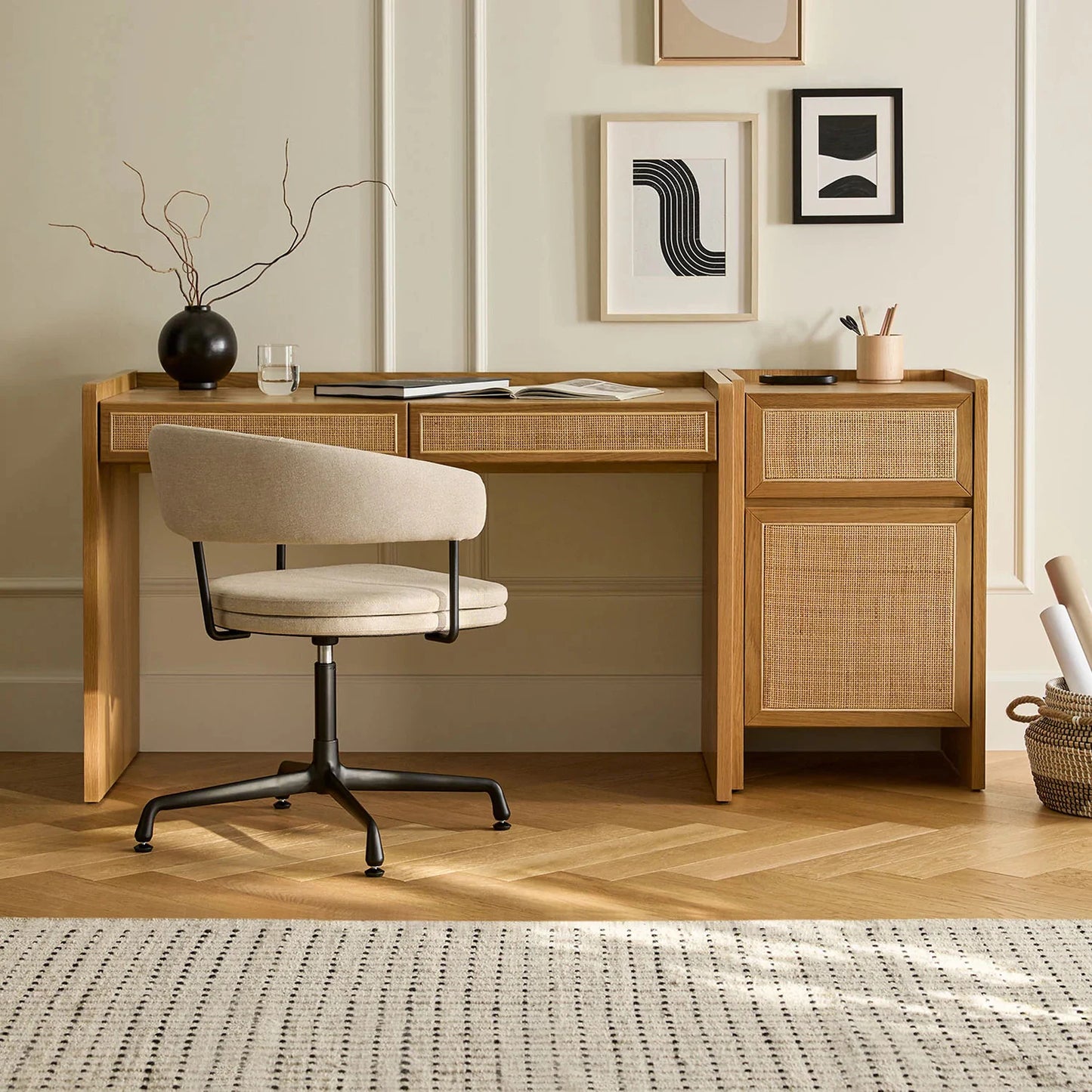 Wooden Study Table with Storage in Rattan Design