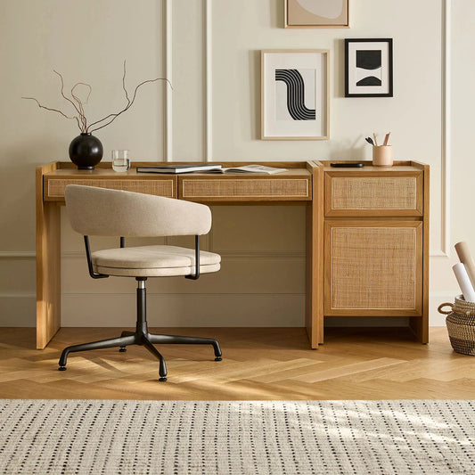 Wooden Study Table with Storage in Rattan Design