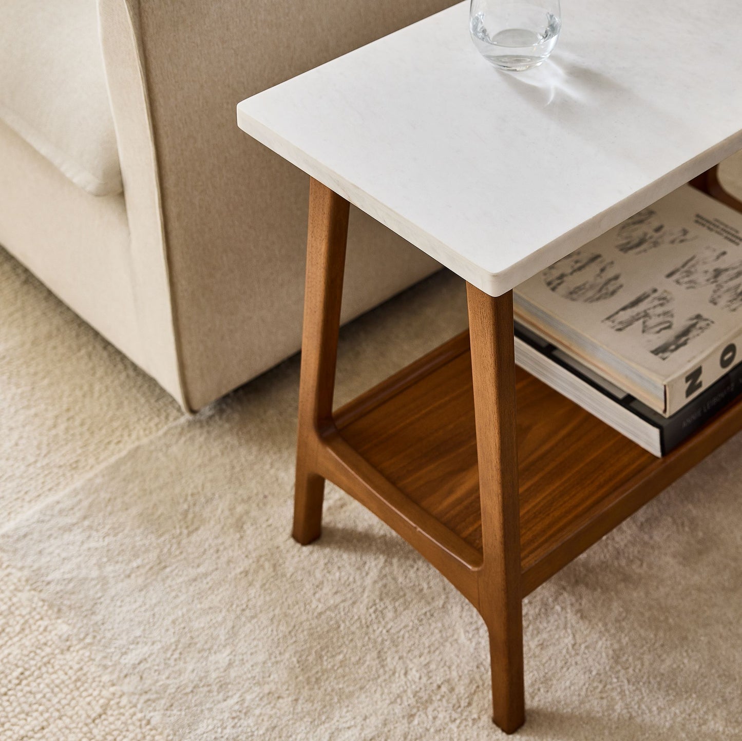Wooden Marble Top Side Table with Wooden Base
