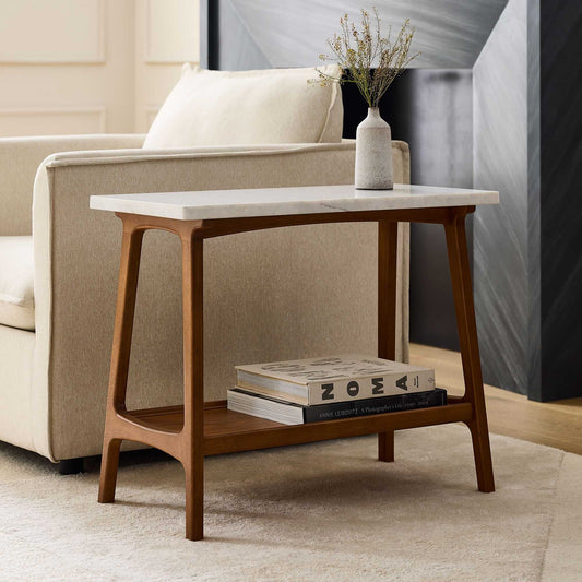 Wooden Marble Top Side Table with Wooden Base