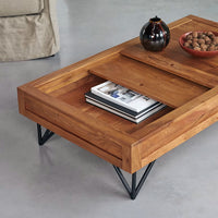 Solid Wood Coffee Table with Slide-Top Storage & Metal Legs