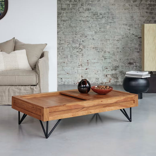 Solid Wood Coffee Table with Slide-Top Storage & Metal Legs